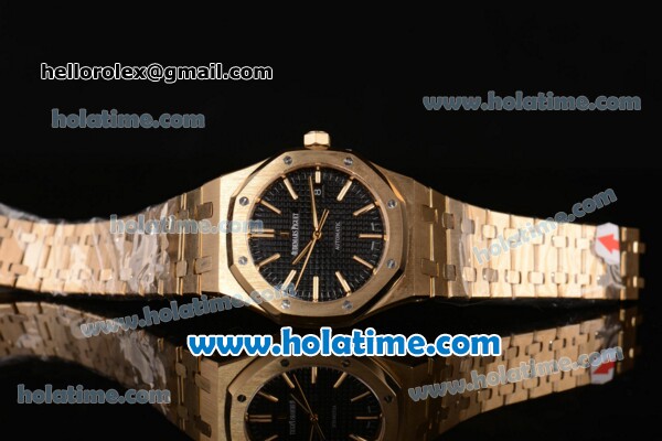 Audemars Piguet Royal Oak Swiss ETA 2824 Automatic Full Yellow Gold with Gold Sitck Markers and Black Dial - 1:1 Original - Click Image to Close